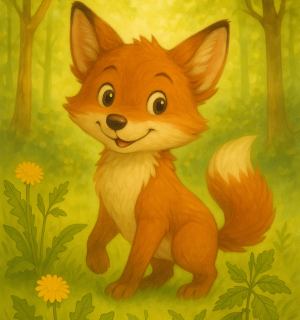 Wurzelfuchs sitzt im Wald Kinderbuchillustration