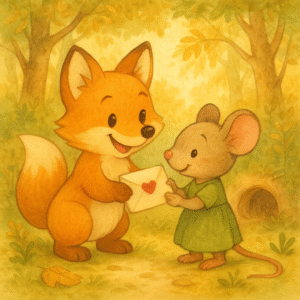 Wurzelfuchs gibt Wildgrünmaus einen Brief mit Herz