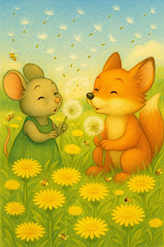 Kinderbuch Illustration: Wurzelfuchs und Wildgrünmaus blasen die Samen von der Pusteblumen