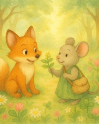 Kinderbuch Illustration: Wurzelfuchs und Wildgrünmaus lernen sich im Wald kennen