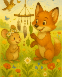 Kinderbuch Illustration: Wurzelfuchs und Wildgrünmaus basteln ein Windspiel aus Naturmaterialien