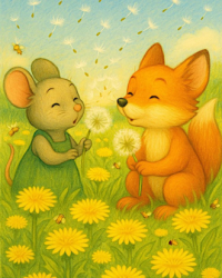 Kinderbuch Illustration: Wurzelfuchs und Wildgrünmaus blasen die Samen von der Pusteblumen